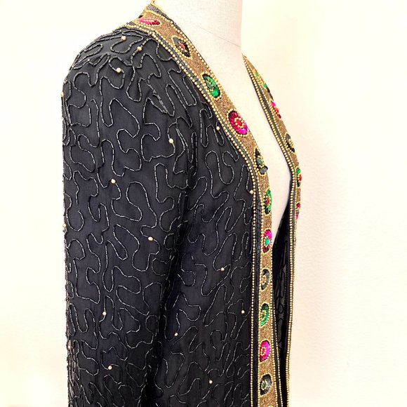 80's Silk Beaded Evening Jacket - Lawrence Kazar - SIze Petite Medium - Picture 2 of 11